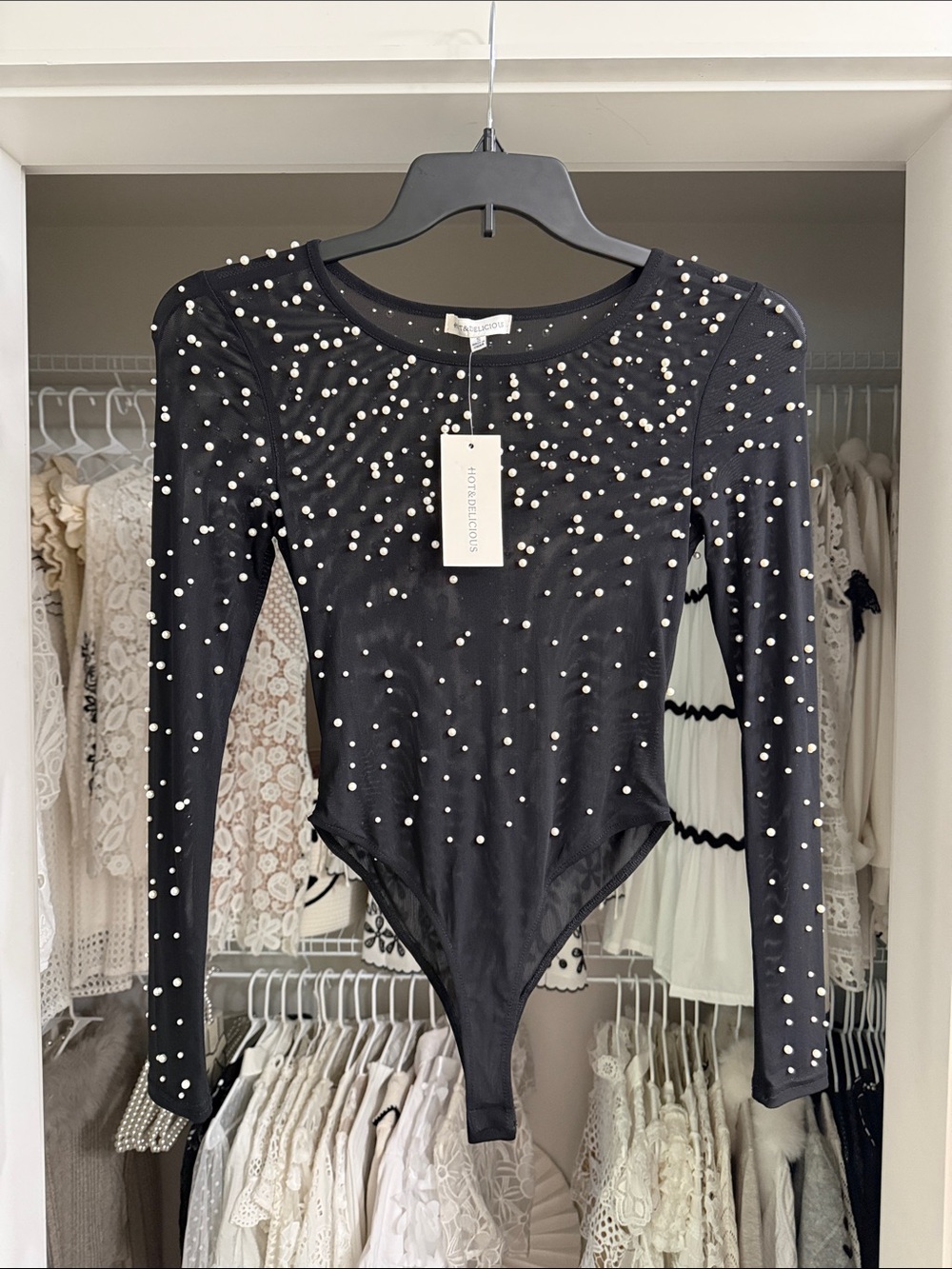 HOT & DELICIOUS Black Pearl-Studded Long-Sleeve Mesh Bodysuit SMALL NWT